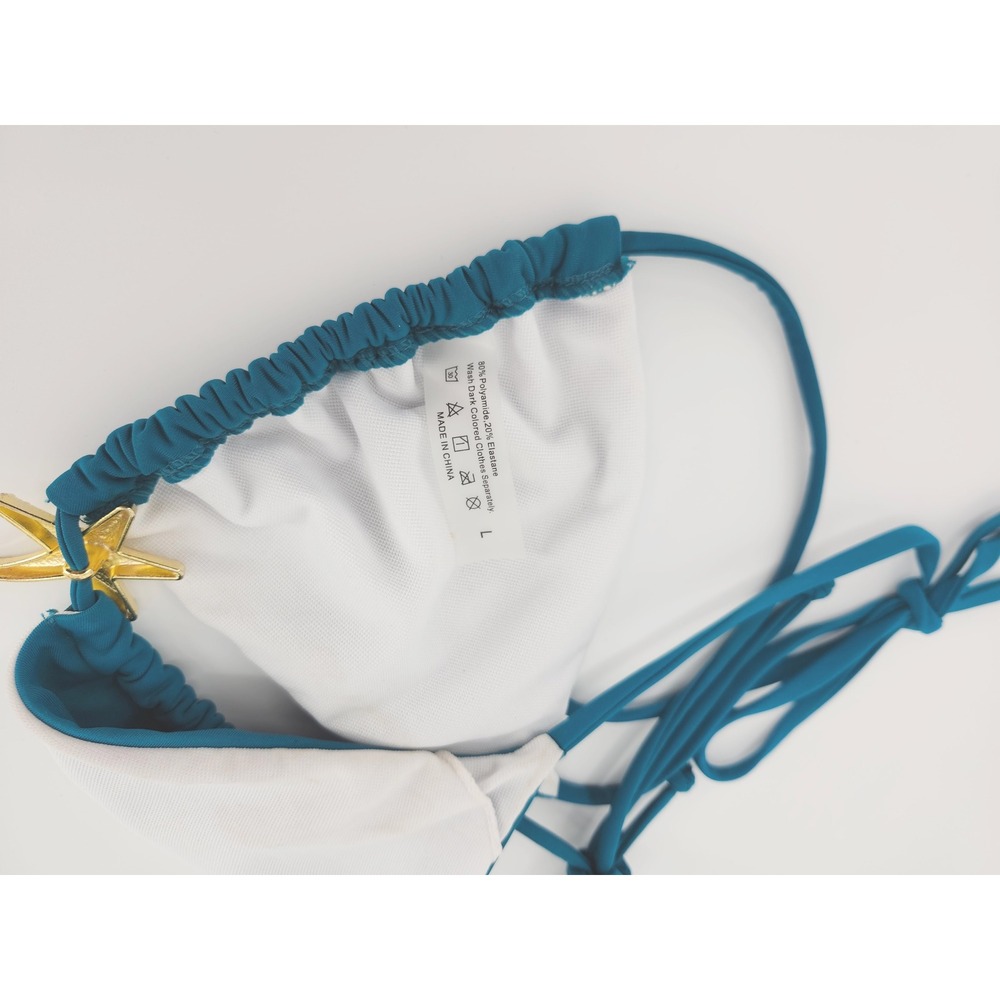 Teal Blue Starfish Triangle Bikini Top Gold Nautical Halter Swimwear Large - Picture 2 of 4